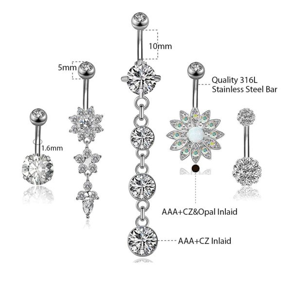5Pcs 14G 316L Stainless Steel Belly Button Rings Curved Barbell Dangle Flower Opal CZ Navel Rings Body Piercing Jewelry